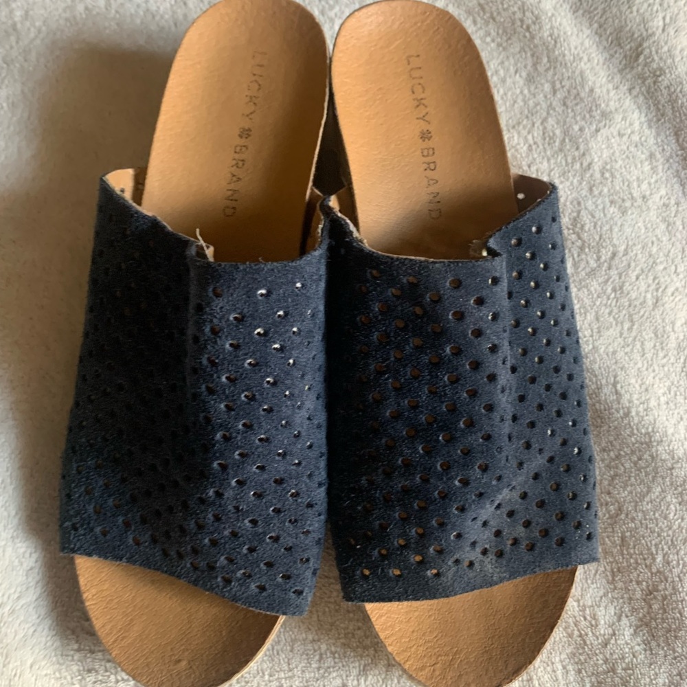 Lucky Brand Jemya Espadrille Slide Sandal Wedge Women 8 Navy Blue Suede Perf